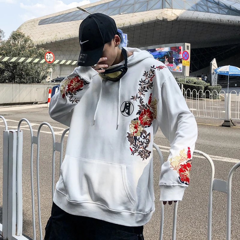 

Drop shipping Chinese Characters Hoodie Sweatshirt Hip Hop Streetwear Coats Men's Same Rabbit Rose Embroidered Hoodie
