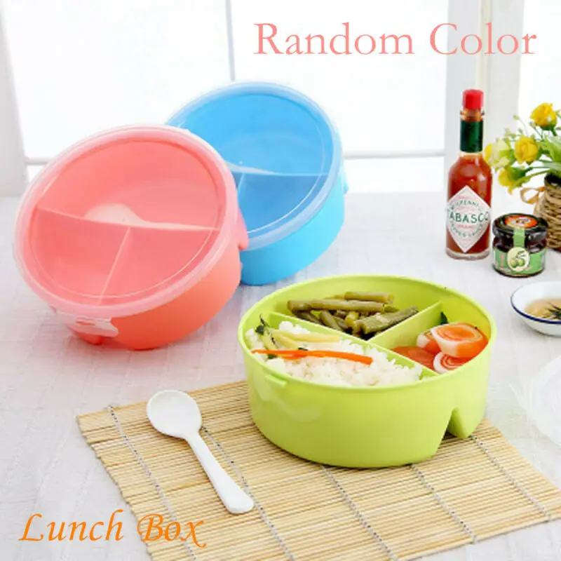 

3 Compartment Lunch Box Child Adult Picnic Box Fruit Vegetable Food Lunch Box 3 Color Available Plastic Round Lunch Box