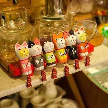 

6 Pcs Europe Style Cute Fishing Cat Wooden Animal Ornaments Painted Figurine Home Decoration Accessories Birthday Gifts Set Hot
