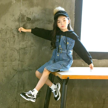 

Spring Autumn girls dress Baby denim dress kids vestidos Children clothes hooded single breasted waistband patch 4 to 14 yrs