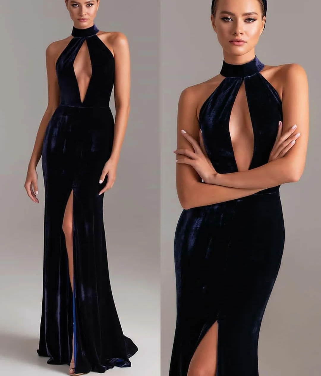 

Sexy Long Mermaid Velvet Halter Evening Dresses Open Zipper Back Side Slit Blue Abendkleider Robes de Soirée for Women