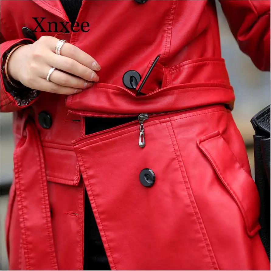 Elegant Vintage Red Women Long Leather Jacket Slim Plus Size Bow Belt Motorcycle PU Leather Long Jacket Coat Leather Trench