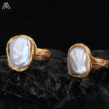 

5PCS/Lot Freeform Slab Pearl Rings,Gold Copper Wrapped Baroque Pearl Handmade Rings,Irregular Pearl Women Wedding Ring TSMN-40