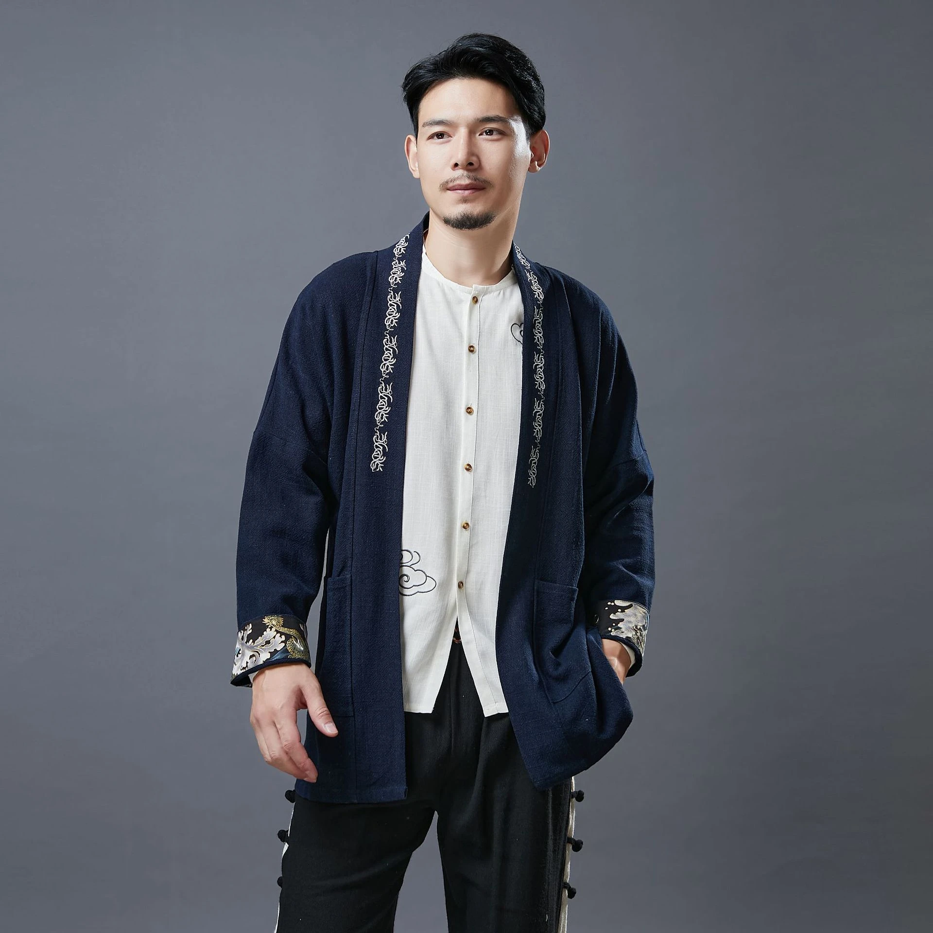 Cárdigan Kimono de moda japonesa hombre, camisa de manga larga con bordado Vintage, Tops, disfraz de samurái, primavera de 2022|Parte alta| - AliExpress