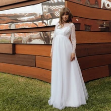 

Romantic Beading White Wedding Dress Floor Length Long Sleeve Simple Bridal Gown Sweep Train A Line 2022 Vestido De Noche