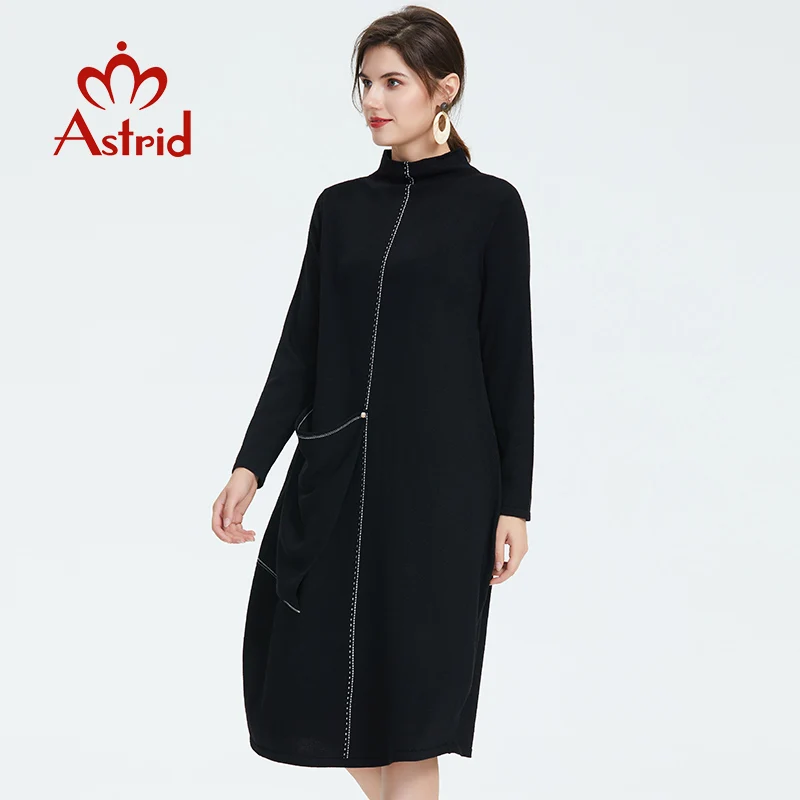 Astrid Осеннее новое поступление платье женский топ черный цвет с длинным рукавом высокое качество новая модная стильная одежда женское тонкое платье 9058