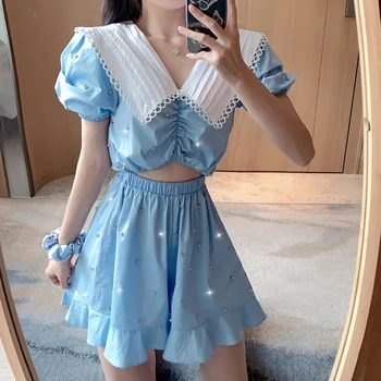 

HIGH QUALITY Newest Fashion Runway 2020 Designer Jumpsuit Women's Sailor Collar short sleeve Diamonds Beaded short Jumpsuit