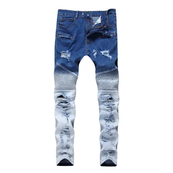 

In the spring of 2020 men locomotive jeans zipper elastic fashion double-color hole in trousers