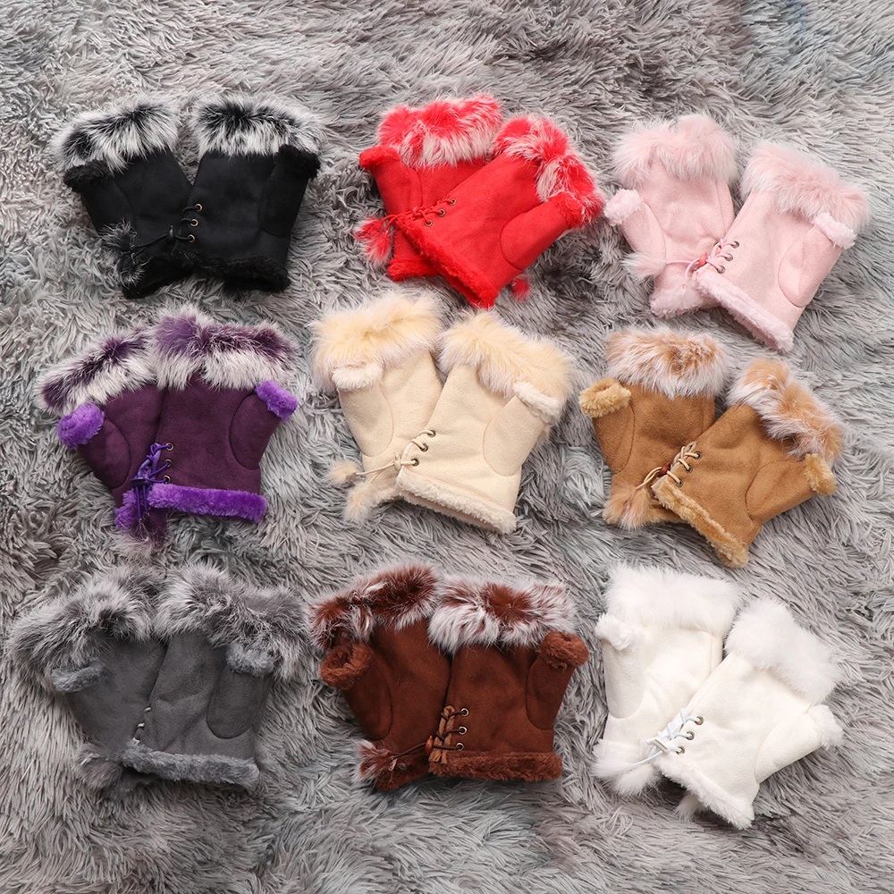 EIE милые плюшевые/замшевые кожаные перчатки из искусственного кроличьего меха, рукавицы без пальцев для женщин, высокое качество, женские рукавицы на половину пальца