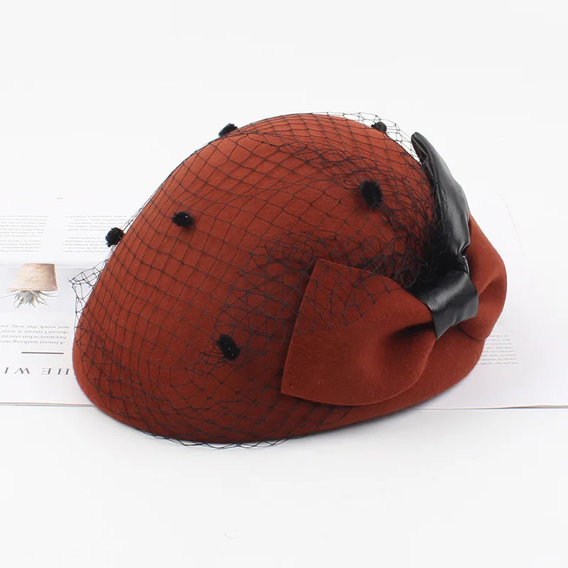 01910-2019090007 pu bowknot wool warm flower lace lady beret cap women leisure Pumpkin hat
