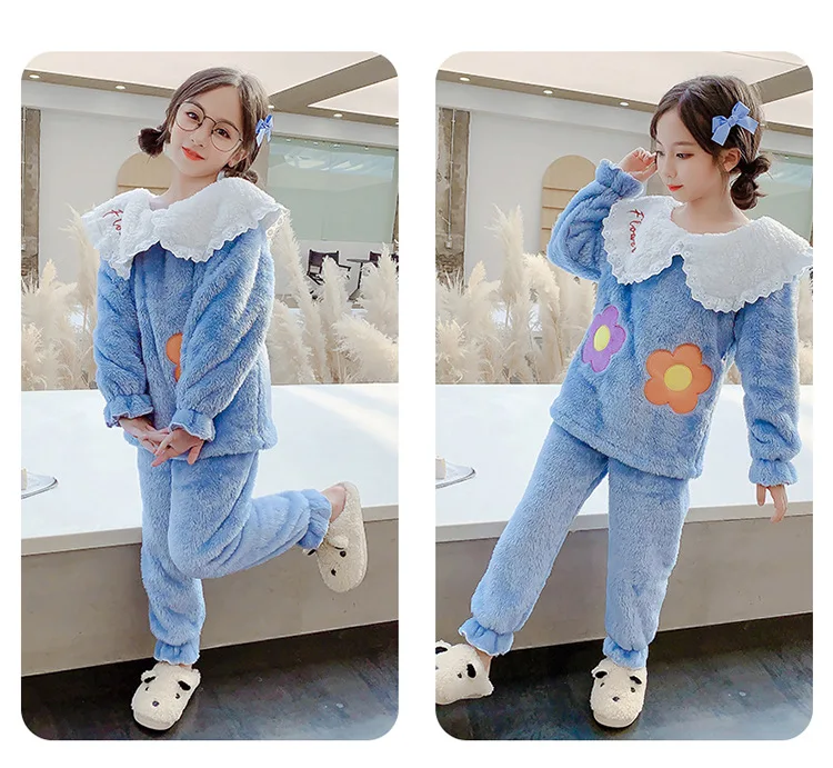 Children's Flannel Pajamas Autumn And Winter Warm Girls Home Wear Clothes Cute Cartoon Pink Baby Girls Sleepwear Kids Clothes pajama sets button up	