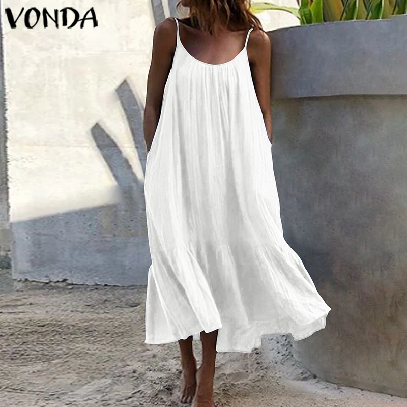 Loose Robe Maxi Long-Dress Vestidos VONDA Bohemian Plus-Size Beach Casual Summer Sleeveless