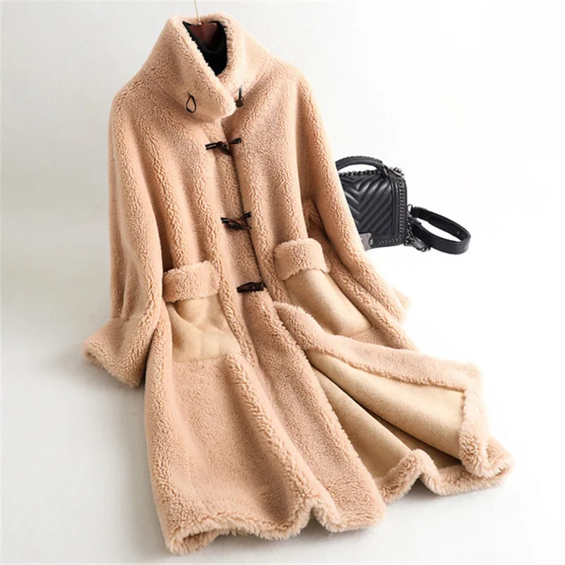 khaki Модная шуба из зернистой овечьей шерсти, новинка года, корейское длинное пальто из композитного меха, зимняя женская одежда, XA92 - Цвет: khaki