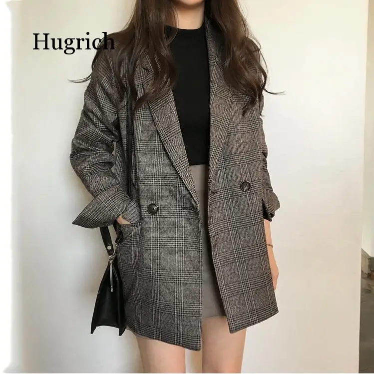 

New 2020 Autumn Winter Women's Blazers Plaid Double Breasted Pockets Formal Jackets Notched Outerwear Tops