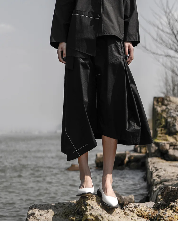 TVVOVVIN Осенняя темная стильная женская юбка средней длины, необычный дизайн, эластичная резинка на талии, свободная лаконичная длинная юбка L201