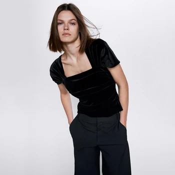

ZA Spring and Autumn New Design Velvet Top 2020 Fashion Women's Short Sleeve Square Collar Pleated Top Chic Solid Color Tops