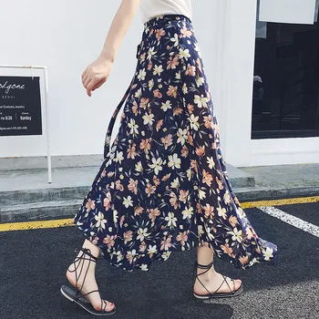 

40-85KG Wear Chiffon Skirt Summer Beach Floral Skirt High Waist Lace-up Printed Half-length Skirt Female Fashion Clothing