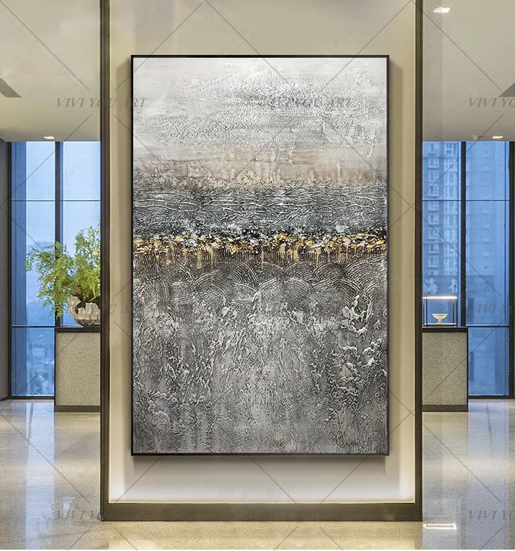 

Excellent Artist Hand-painted Abstract Golden and Gray Oil Painting on Canvas Gold Foil wall Painting art