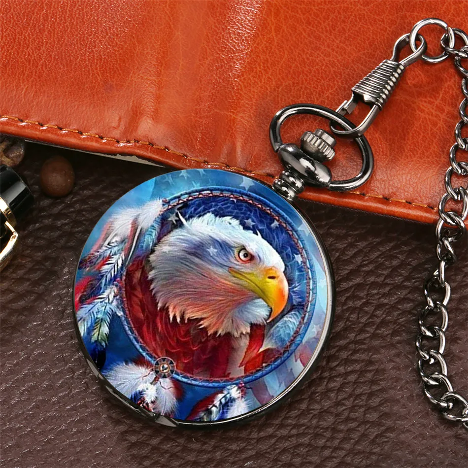 Pendant Watch Pocket-Chain Gifts Punk Women Black Quartz for Element Us-Flag Flying Eagle-Design