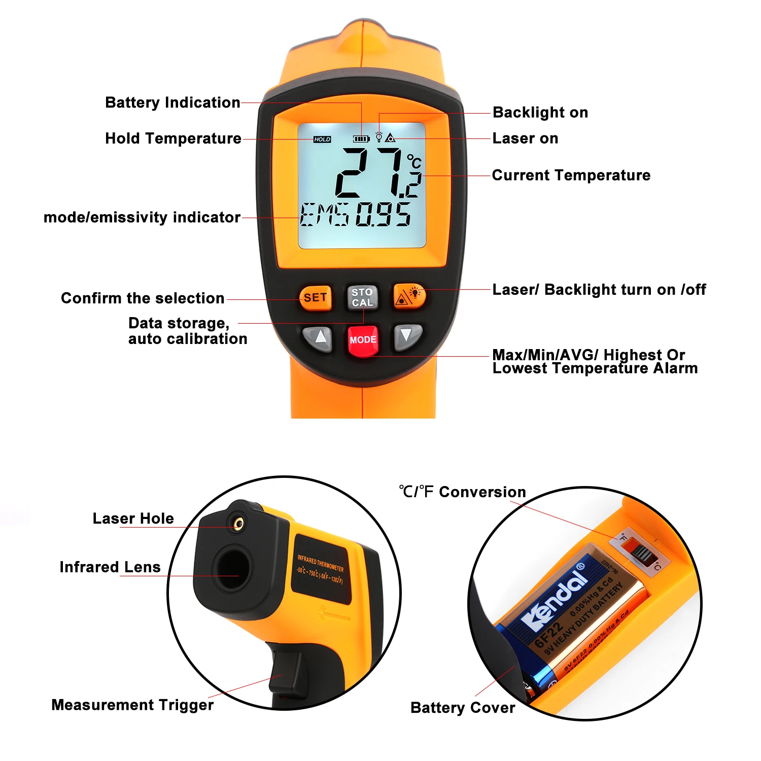 RZ Infrared Thermometer Non-Contact Temperature Meter Gun Handheld Digital LCD Industrial Outdoor Laser Pyrometer