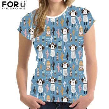 

FORUDESIGNS Customized Cartoon Alpaca Llama Cactus Print Women Short Tops Femme T Shirt Casual Lady Clothes Harajuku ropa mujer