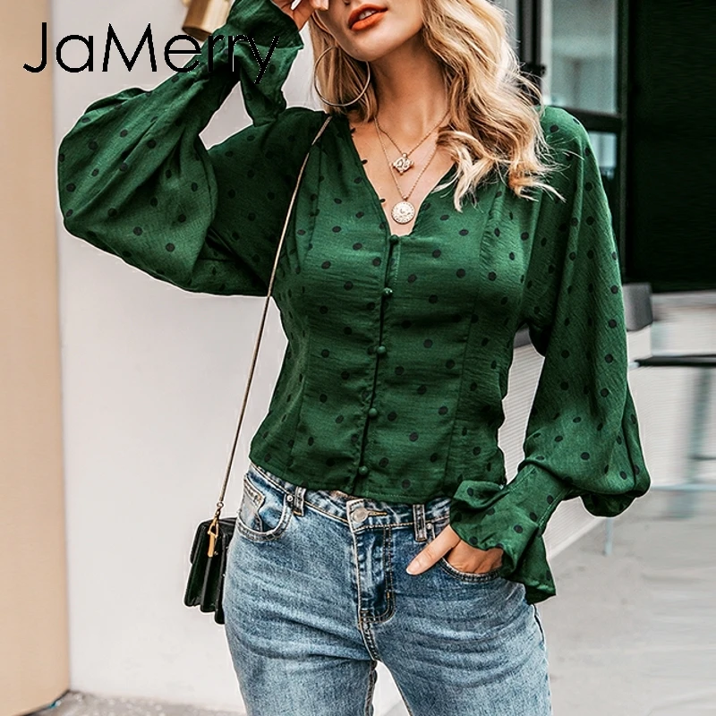 JaMerry винтажные элегантные пуговицы в Горошек женский Печатный принт блузка рубашка рюшами фонарь рукав зеленый топ Осень Зима повседневные блузки