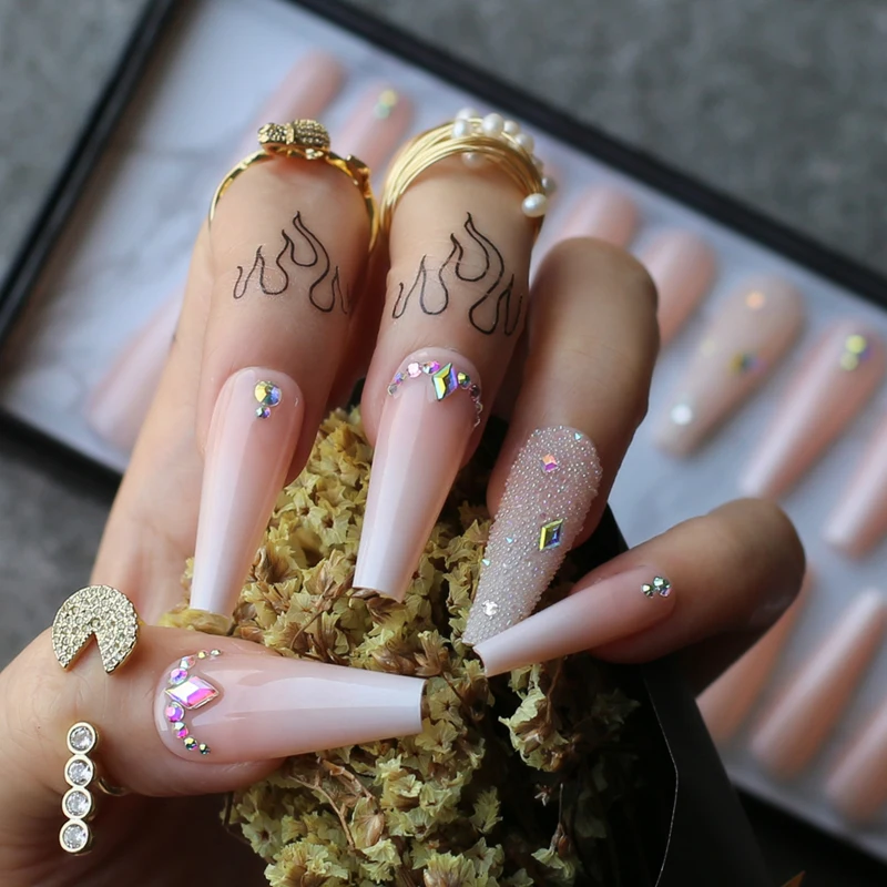 Luxury Coffin Ombre Fake Nails Cute Baby Nude Noble Crystal Design Press  The Nail Acrylic Box Nails Custom Logo - False Nails - AliExpress