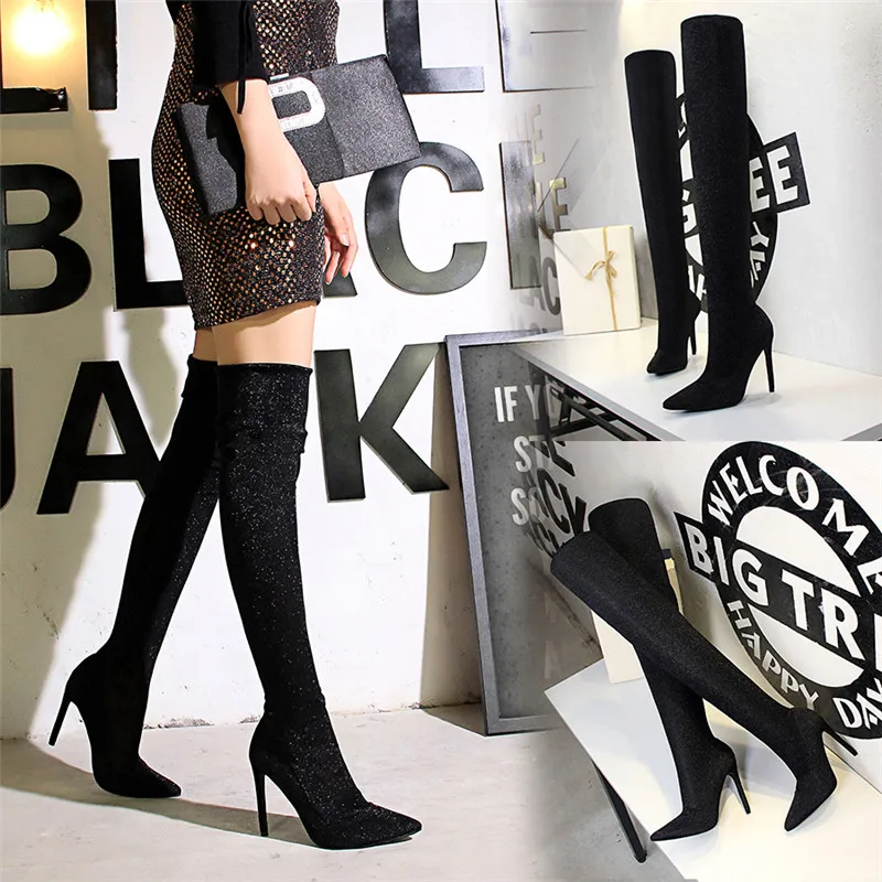 

BIGTREE Winter Concise Night Club Women's Pumps Bling Wool Fabric Material Thin Heel Woman Shoes Over The Knee Sexy Female Boots