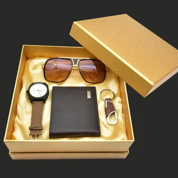 

Fashion Men's Watch Gifts Set Sunglasses Leather Wallet Watch For Father Valentine's Day New Year Gift Men's Quartz Wrist Watch