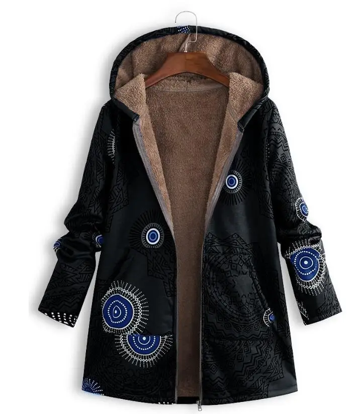 

Hoodies Print Parka Mujer Winter Coats Women Thicken Velvets Plus Size Liner Tops Pockets Loose Warm Ladies Down Cotton Jacket