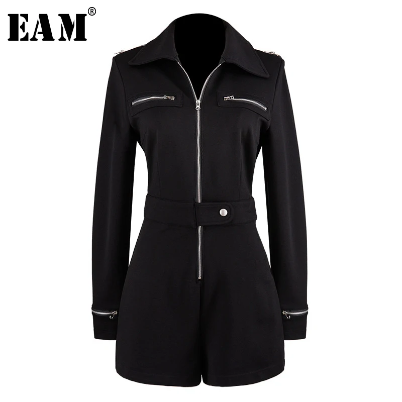

[EAM] Loose Fit Women Black Zipper Temperament Jumpsuit New High Waist Pocket Stitch Pants Fashion Tide Spring Autumn 2019 1A988