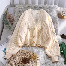 

Xiaoxiangfeng Short Knitted Female Cardigan Jacket Autumn Korean Loose And Lazy Style Lantern Sleeve Top Sweater Jacket