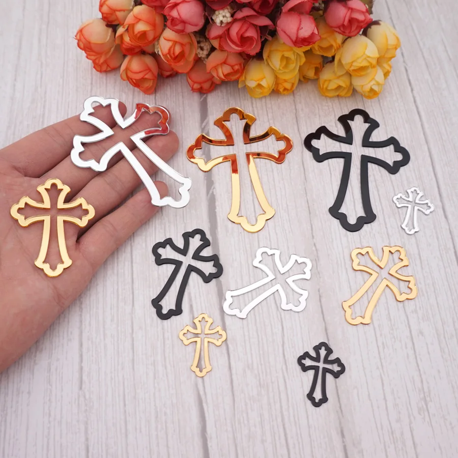50 teile/los 8 cm/5 cm/3 cm Höhe Aushöhlen Schneiden Verspiegelte Kreuz Form Acryl Aufkleber DIY Taufe hause Dekoration – Detail 12