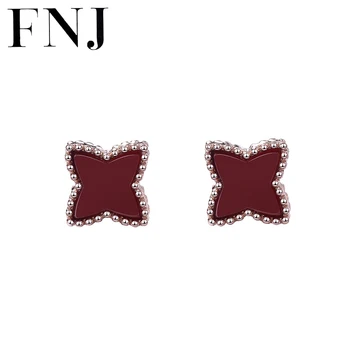 

FNJ Clover Earrings 925 Silver Jewelry Original Pure S925 Sterling Silver Stud Earring for Women Green malachite Black Red agate