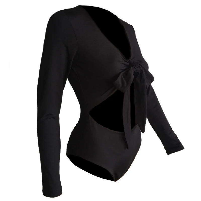 Боди женское Облегающее с бантом пикантный Топ длинным рукавом и V образным