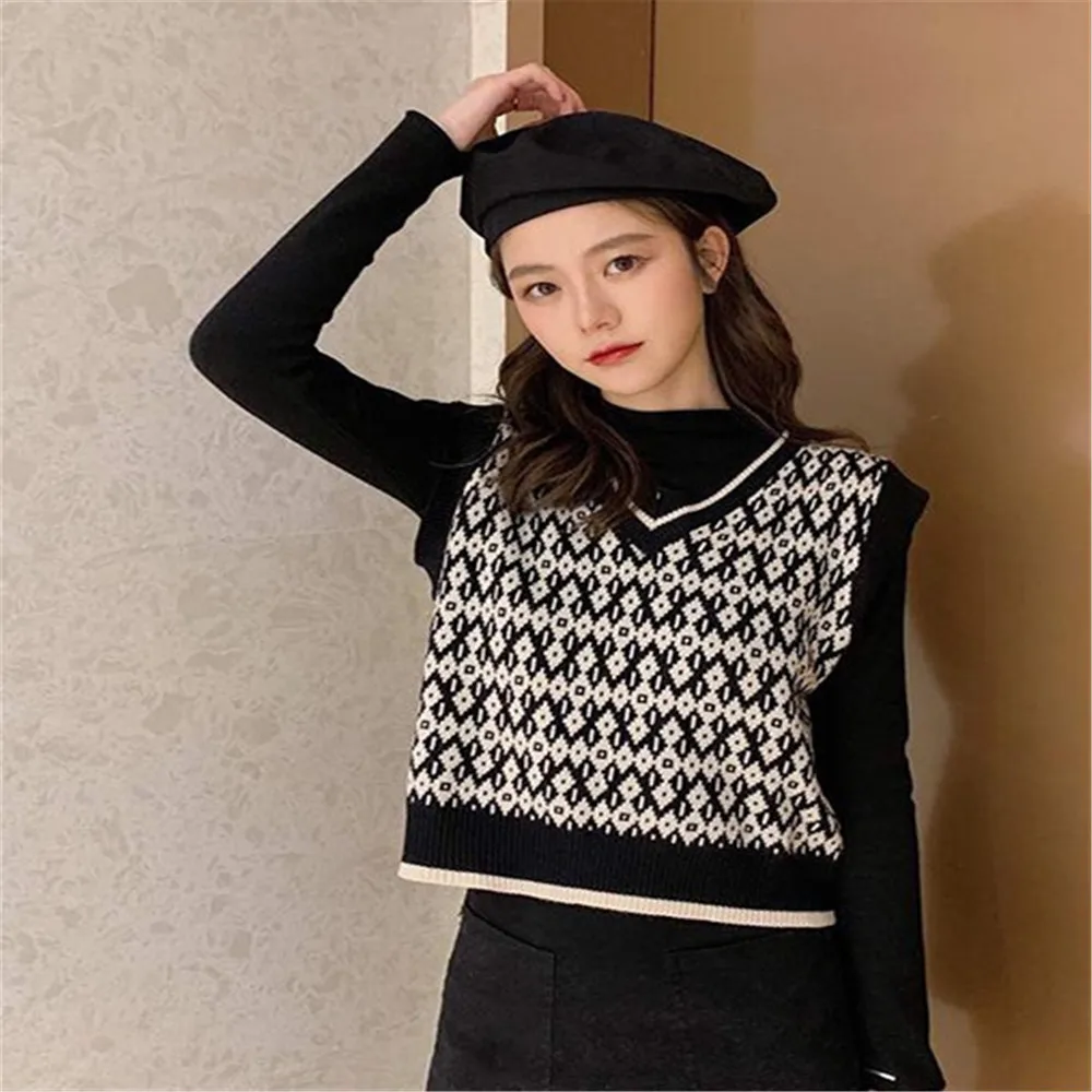 

Autumn Women Houndstooth Knitting Vest Sweater Cotton Elastic V-Neck Loose Vintage Warm Sleeveless Pullover Tops 2020 Clothes