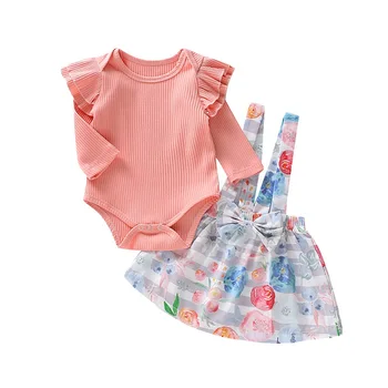 

Cute Baby Girl Romper Newborn Toddler Girls Long Sleeve Solid Romper+Floral Print Suspender Skirts Outfit Set Age 3-18M Clothes