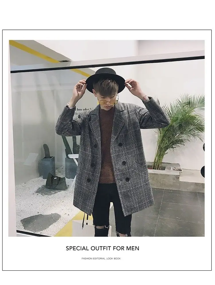 spring Korean style unique plaid slim jacket trench men Long section casual grid Windbreaker coats for men M-XXL