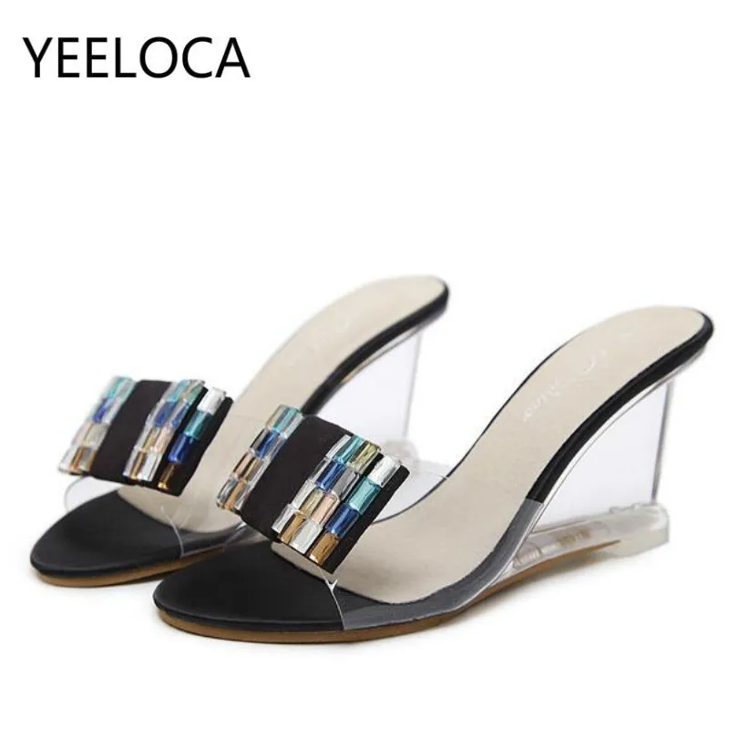 YEELOCA/женские шлепанцы; женская обувь; шлепанцы без задника на ультравысоком каблуке 8,5 см; прозрачные свадебные босоножки на танкетке с цветком; размеры 34-43