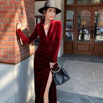 

LANMREM 2020 new spring street fashion women clothes v-NECK FUll sleeves velvet pullover open sexy dress female WK13503L