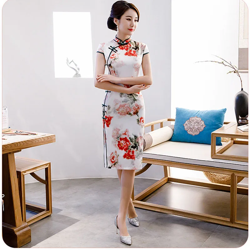 White Chinese Women Mandarin Collar Print Flower Short Casual Dress Vintage Button Cheongsam Sexy Qipao Vestidos Big Size 3XL