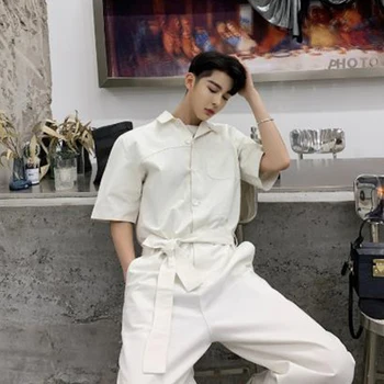 

Men Summer Short Sleeve Loose Casual Shirt Jumpsuit Pant Male Fashion Streetwear Hip Hop Overalls Cargo Pants Harem Trousers