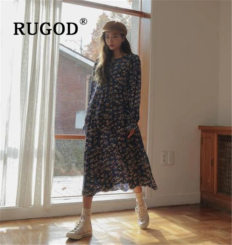 RUGOD корейское шикарное свободное женское платье с принтом Новое весеннее Плиссированное длинное платье макси с v-образным вырезом на шнуровке vestidos модное платье