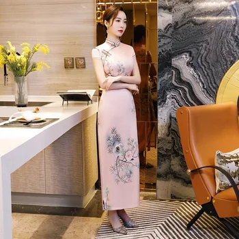 

summer short-sleeve new cheongsam vintage stand-up collar long section slim daily improvement satin cheongsam qipao