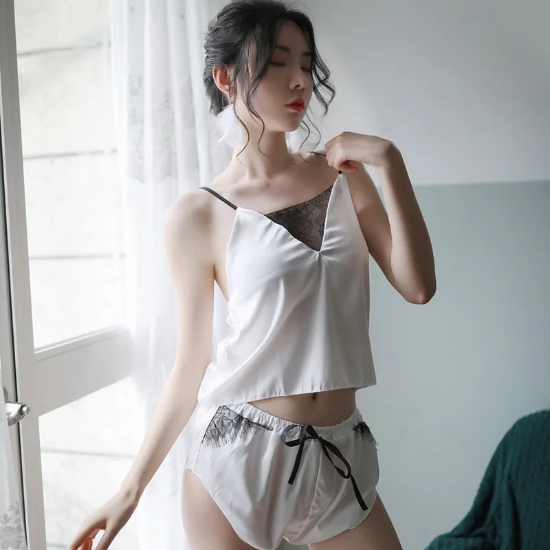

New Women Sexy Pajamas Set Summer Cherry Print Sling Split Lingerie Translucent Ice Silk Home Clothing