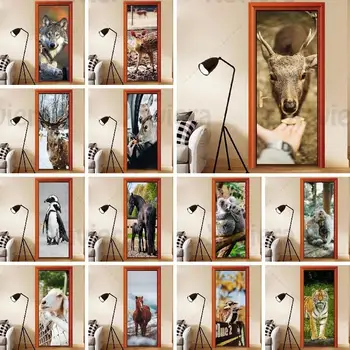 

Animal Door Stickers Home Decoration Realistic Photography Photo Wall Decals Self-Adhesive Pvc Removable Poster Door Wallpaper