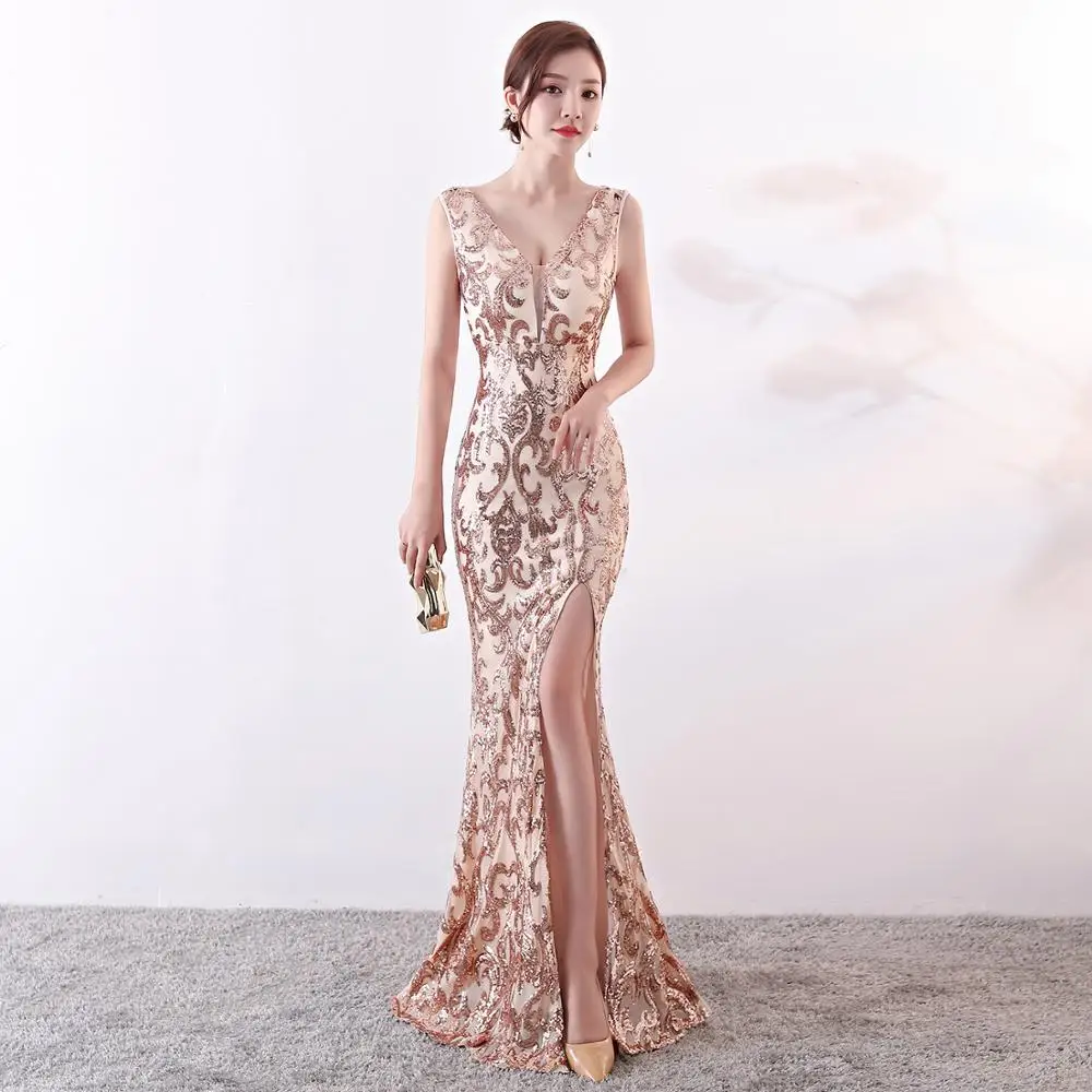 Rose gold Серебряное расшитое блестками платье, длинное сексуальное платье с глубоким v-образным вырезом, тонкое элегантное платье для ночного клуба, модель автомобиля, вечерние платья с юбкой в стиле рыбий хвост - Цвет: Rose gold