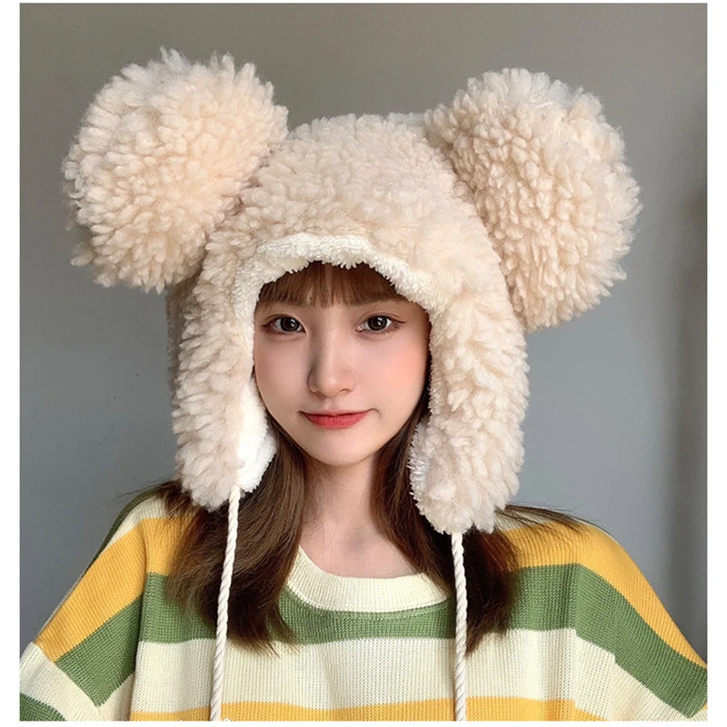 Women Winter Thicken Plush Warm Earflap Hat Cute Bear Ears Windproof Beanie Cap with drawstring Chin Strap 3