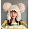 Women Winter Thicken Plush Warm Earflap Hat Cute Bear Ears Windproof Beanie Cap with drawstring Chin Strap 3