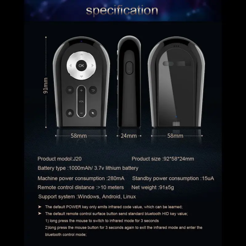 J20 Smart Remote Control Virtual Keyboard Laser Pointer Projection TV Controller Compatible For Android For Windows Black